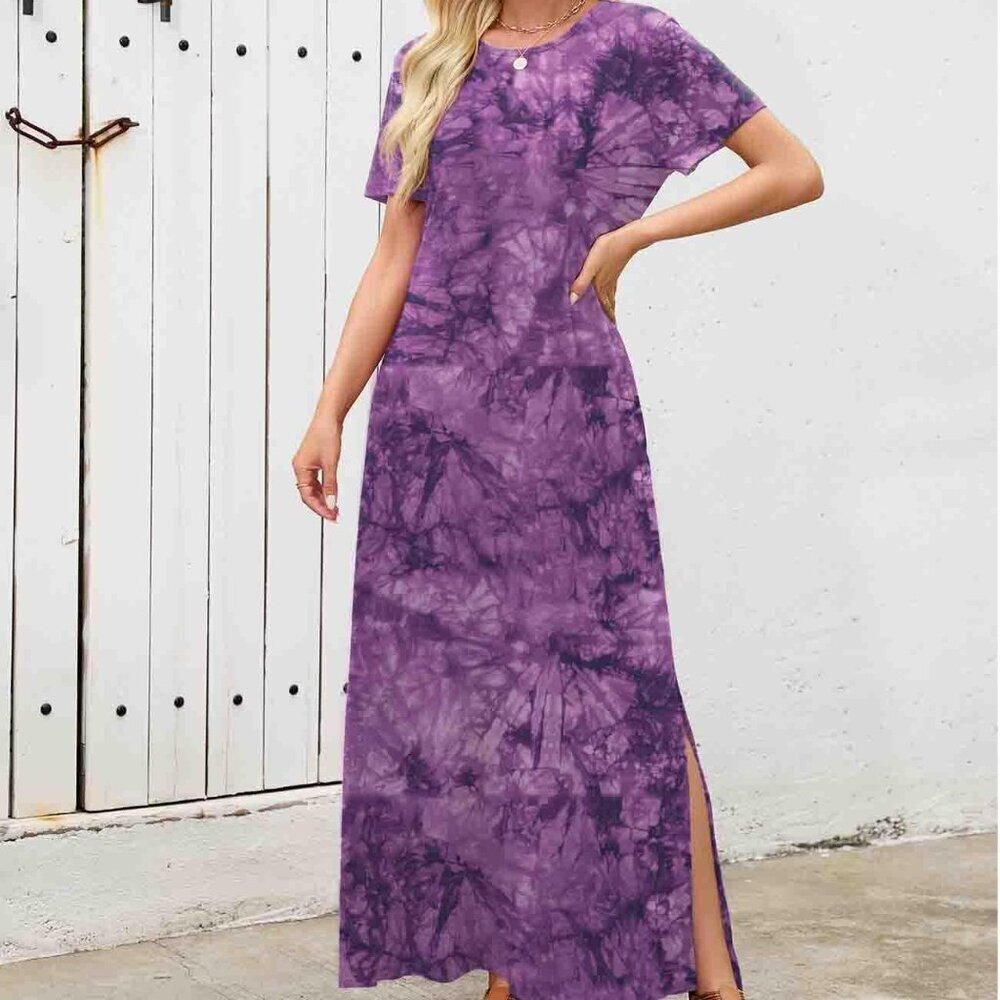Women Summer Maxi Dress Short Sleeve Casual Long Dress with Pockets